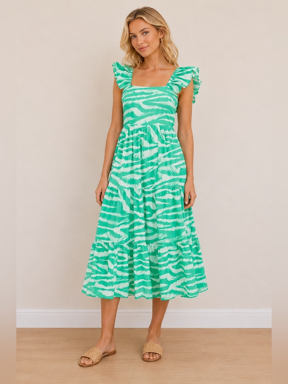 OLIPHANT Green and White Tiered Maxi Dress size small